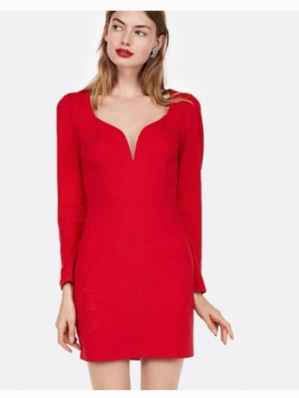 Express Red Long-Sleeve V-Neck Bodycon Dress